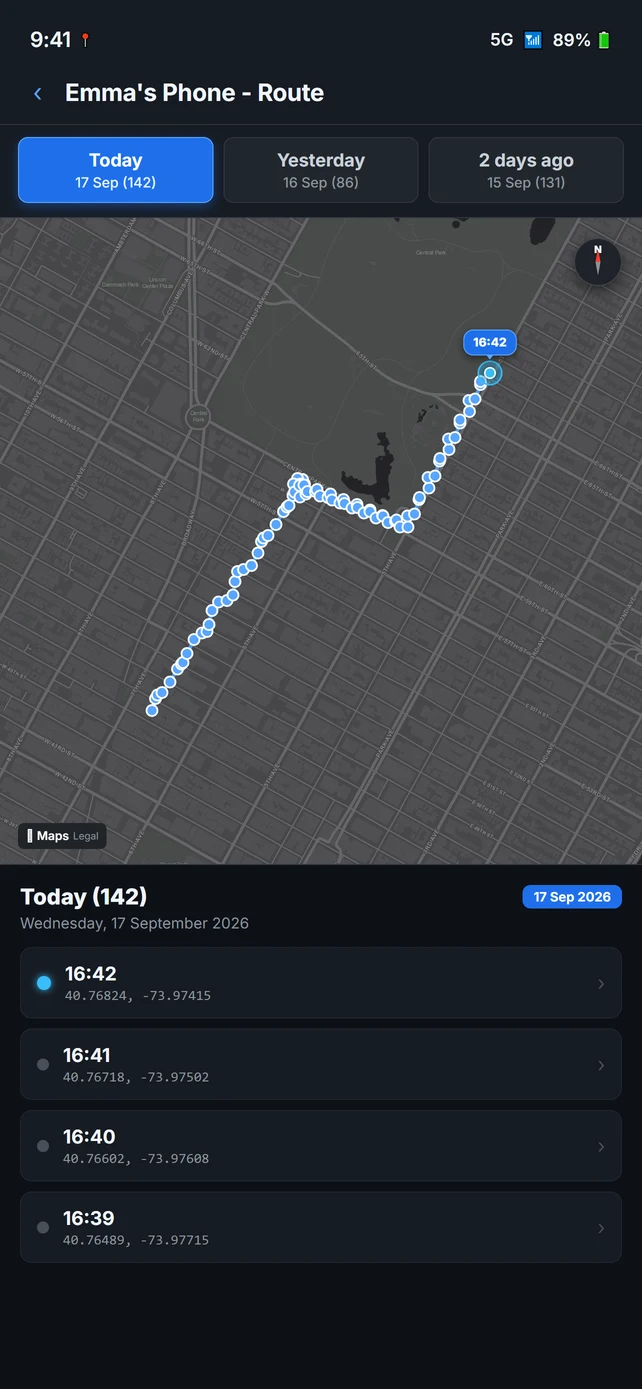KidsShield Live Radar and 72-Hour Route Tracking